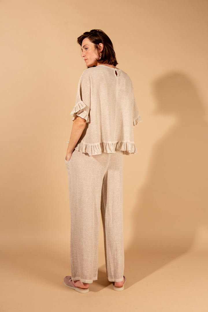 Linen Blend Ruffle Hem Top