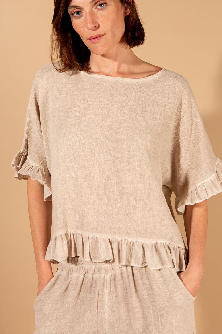 Linen Blend Ruffle Hem Top