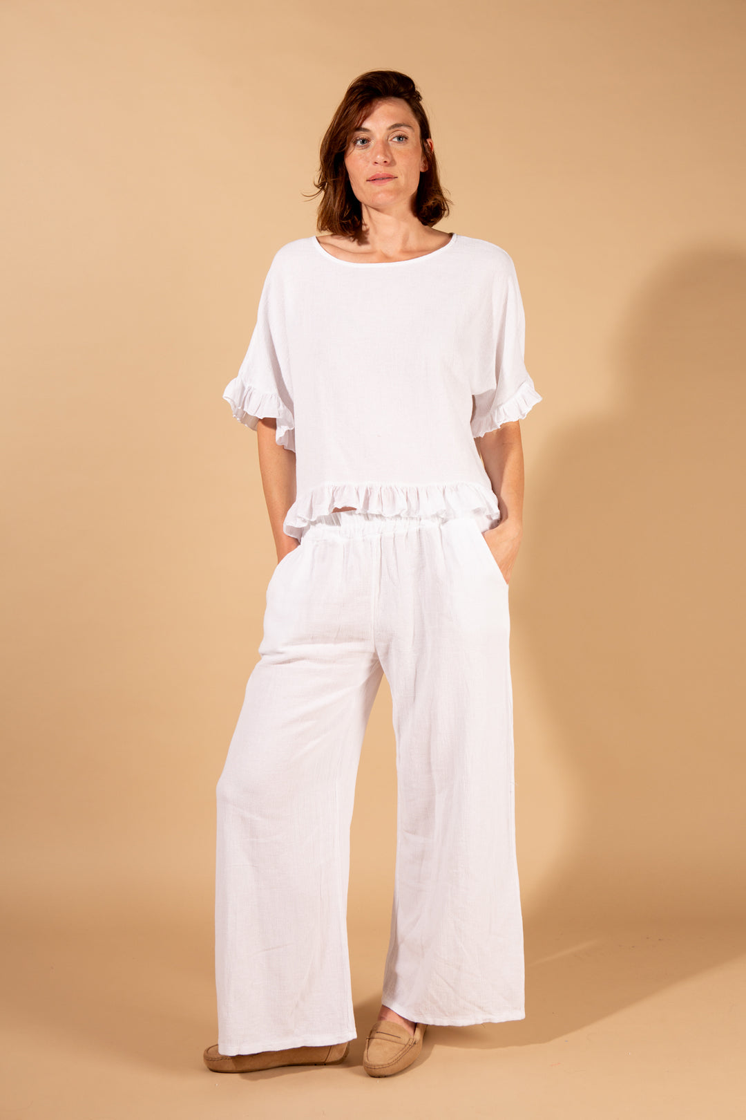 Linen Blend Ruffle Hem Top