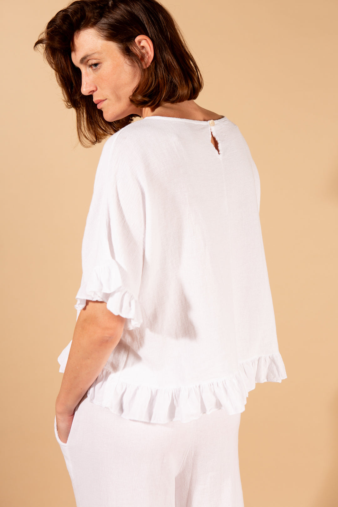 Linen Blend Ruffle Hem Top