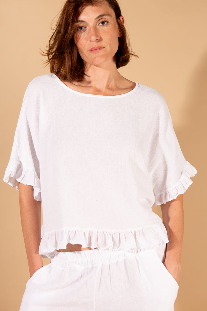 Linen Blend Ruffle Hem Top