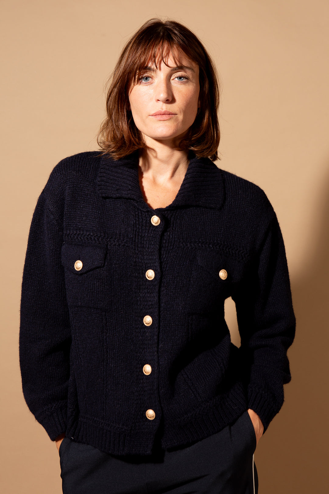 Brass Button Collared Cardigan