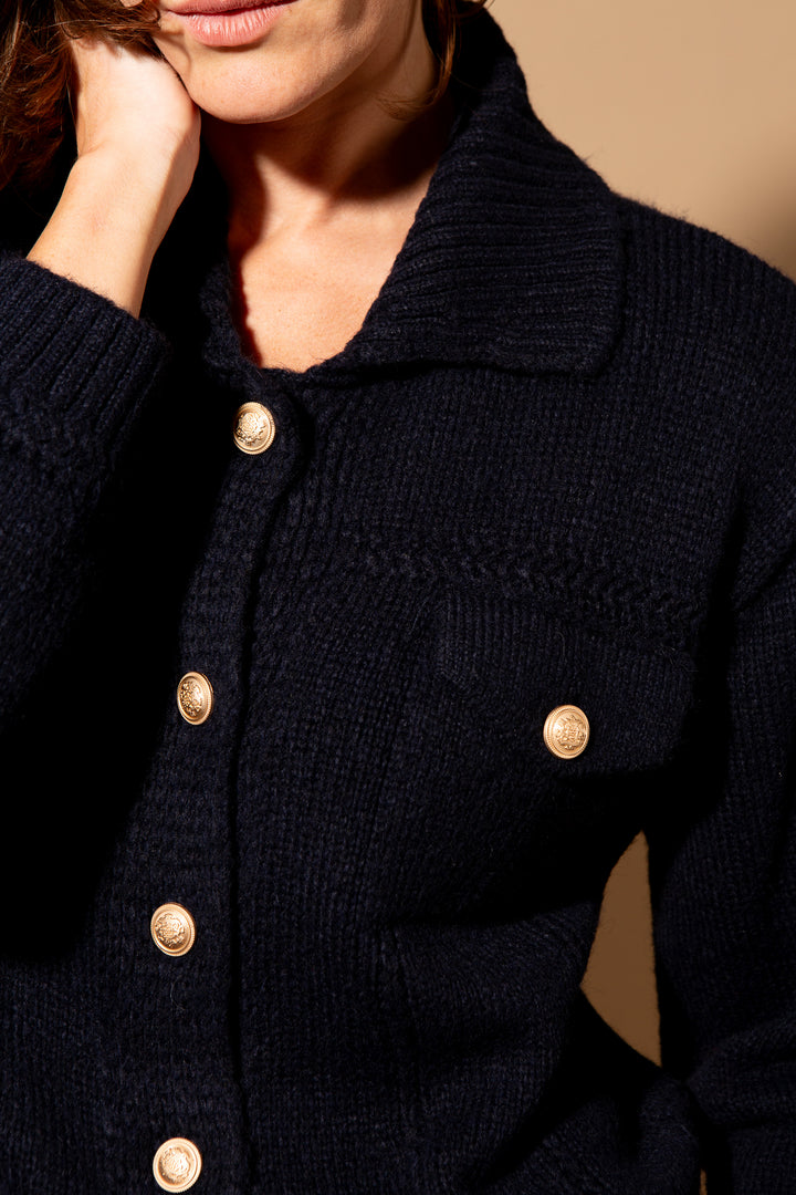 Brass Button Collared Cardigan