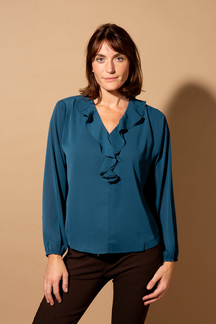 Crepe Ruffle Neck Blouse