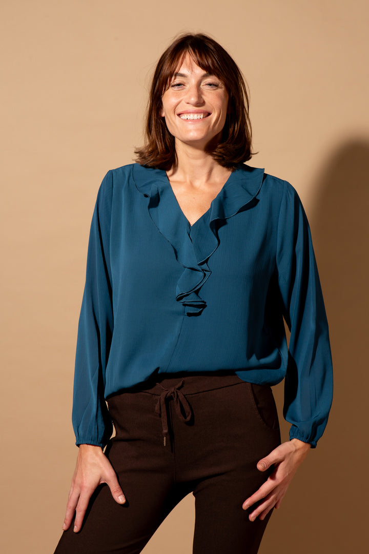 Crepe Ruffle Neck Blouse