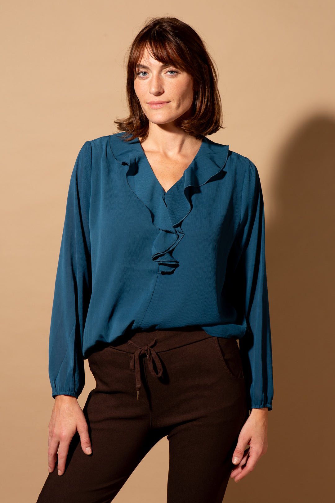 Crepe Ruffle Neck Blouse