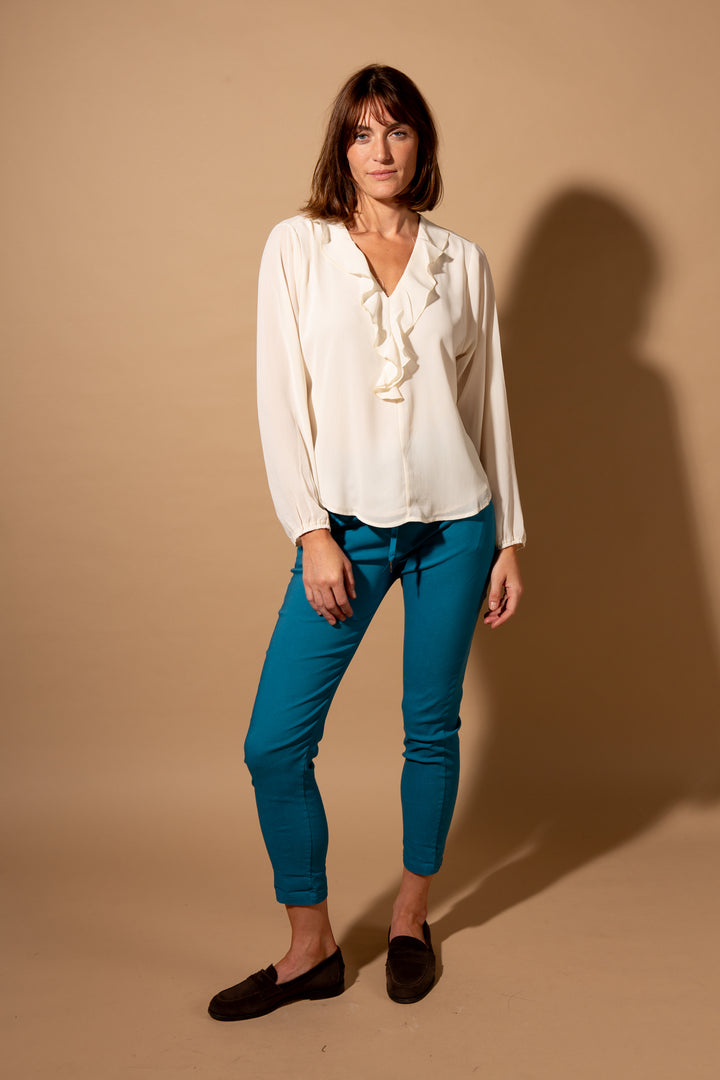Crepe Ruffle Neck Blouse