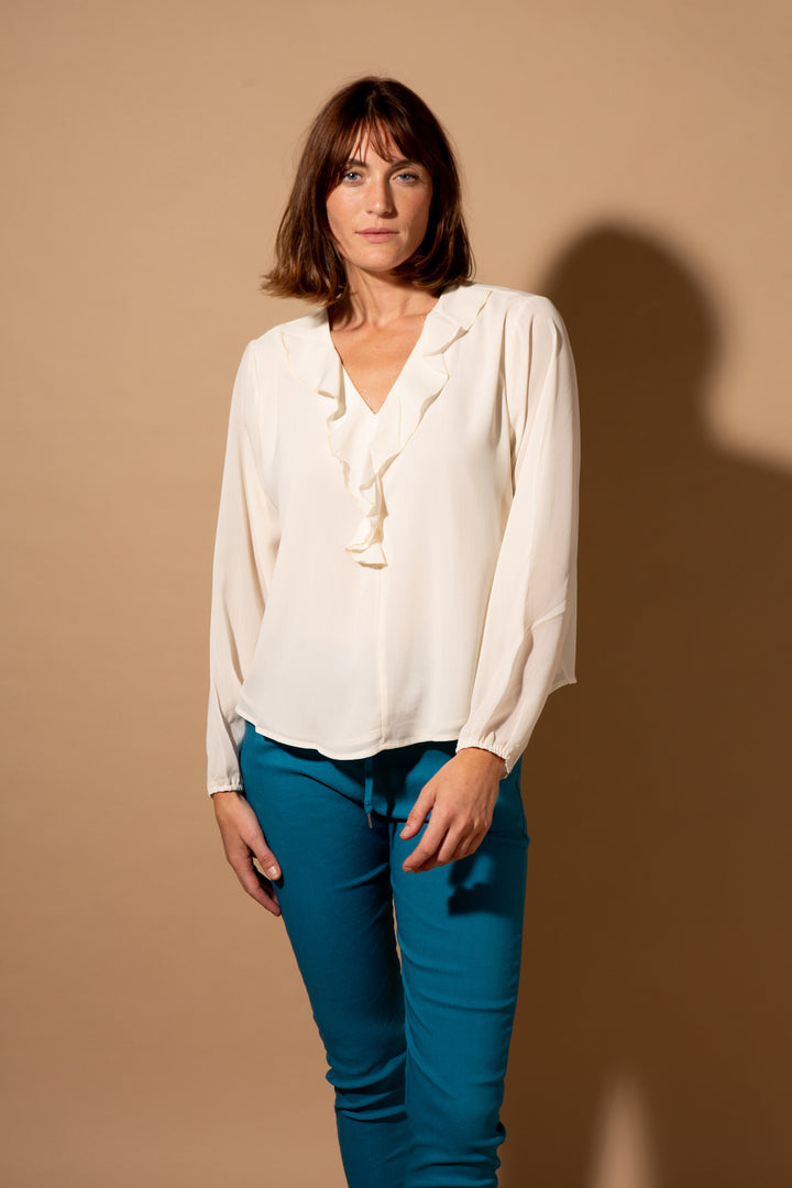 Crepe Ruffle Neck Blouse