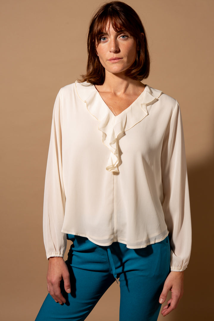 Crepe Ruffle Neck Blouse