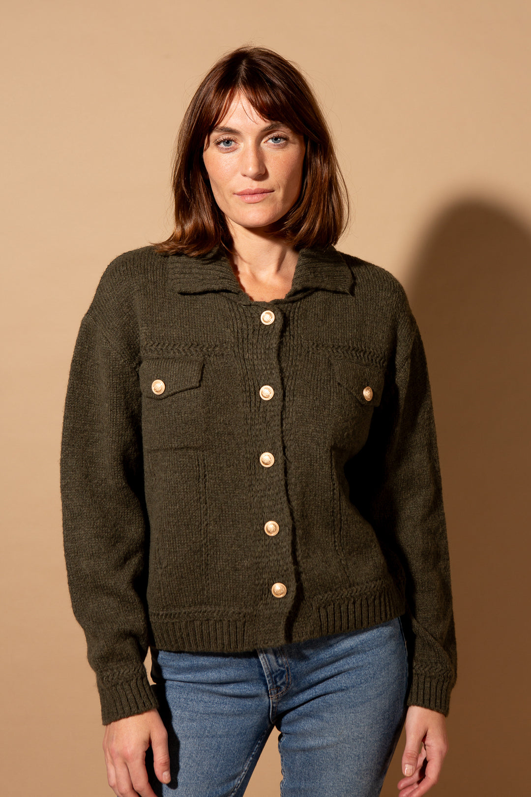 Brass Button Collared Cardigan