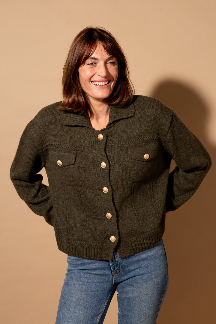Brass Button Collared Cardigan