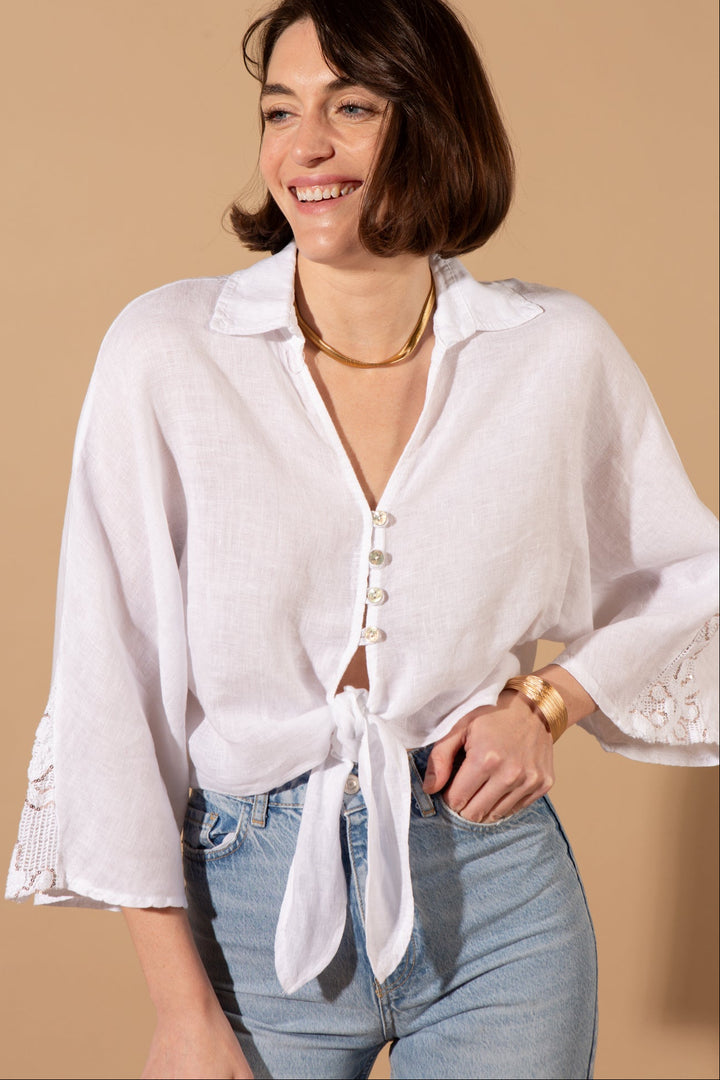 Linen Tie Front Cropped Shirt