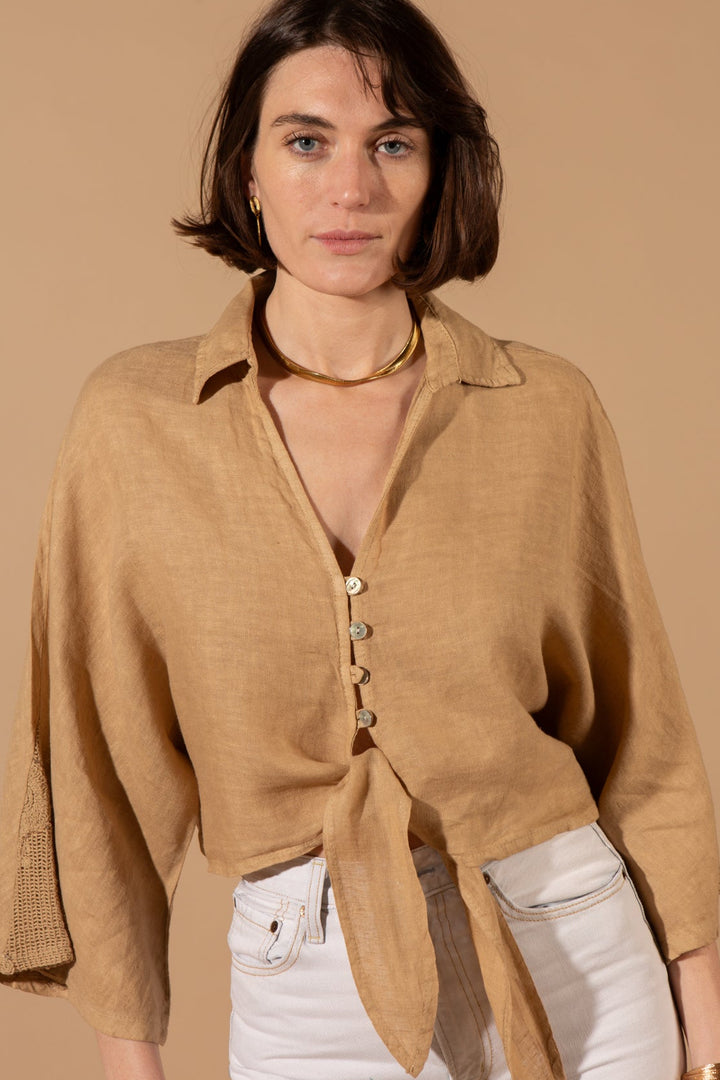 Linen Tie Front Cropped Shirt