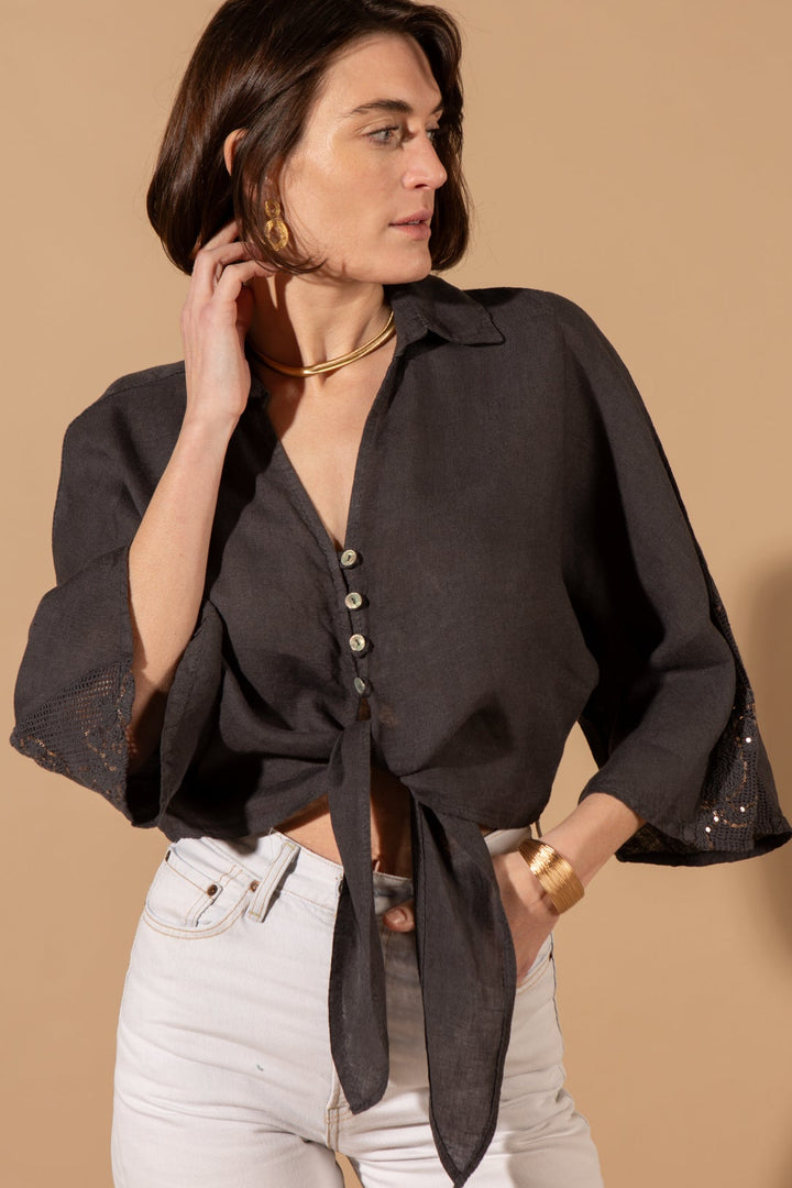 Linen Tie Front Cropped Shirt