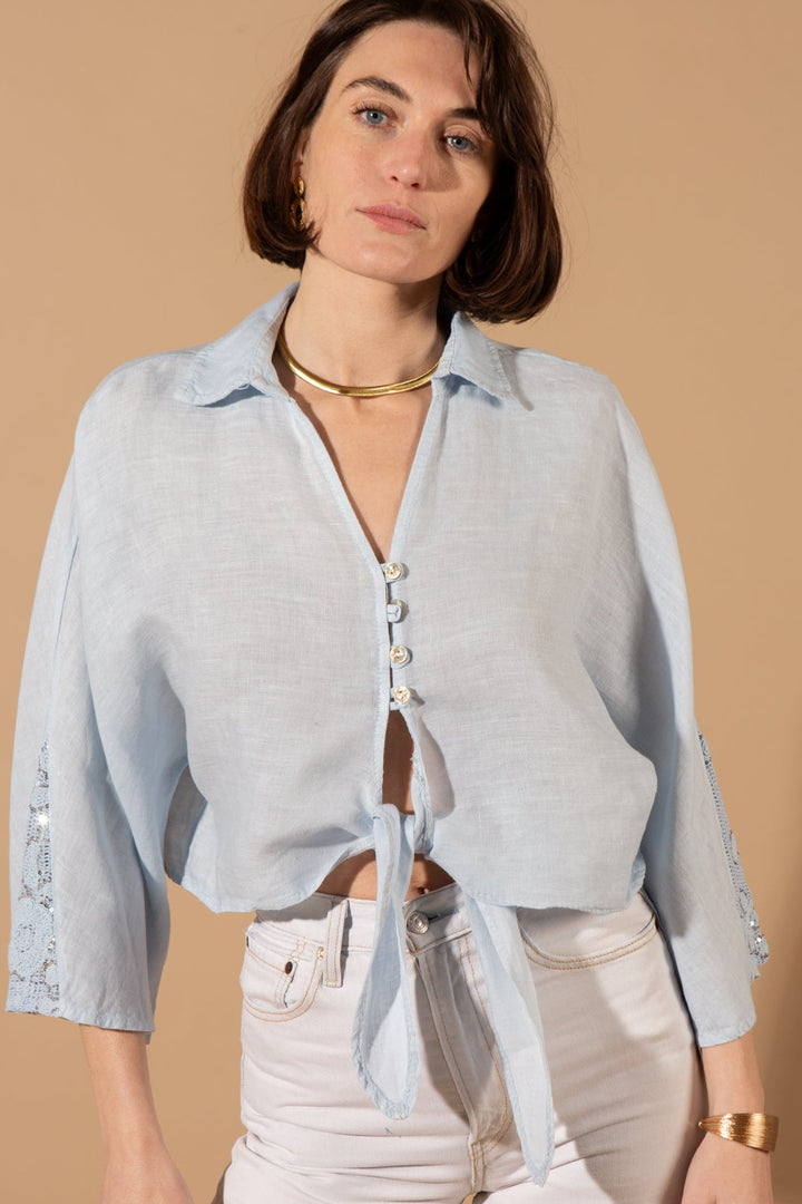 Linen Tie Front Cropped Shirt
