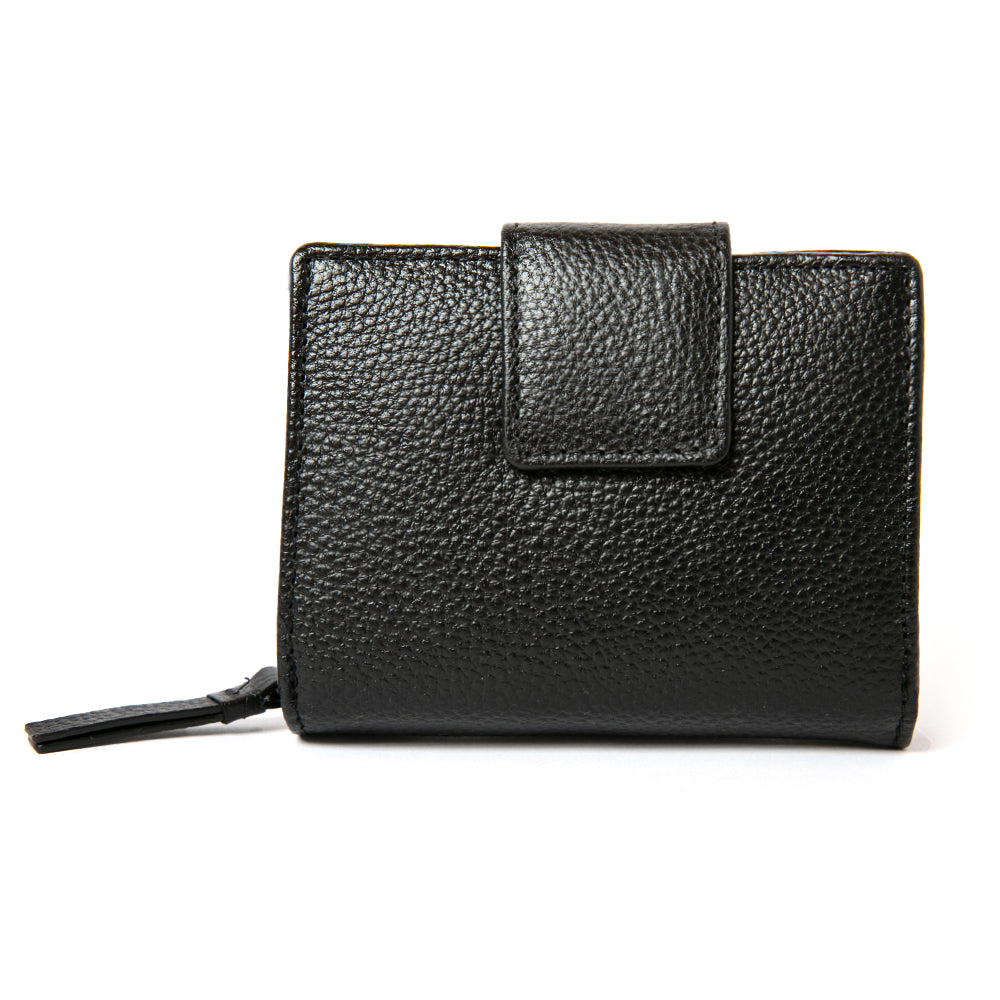 The Naples Leather purse in black with a zip up coin compartment and a card slot section fastened with a press stud 