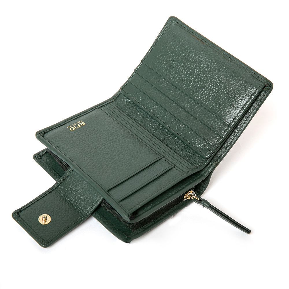 The Naples Leather Wallet in Forest Green made from luxurious Italian Leather with gold metal hardware