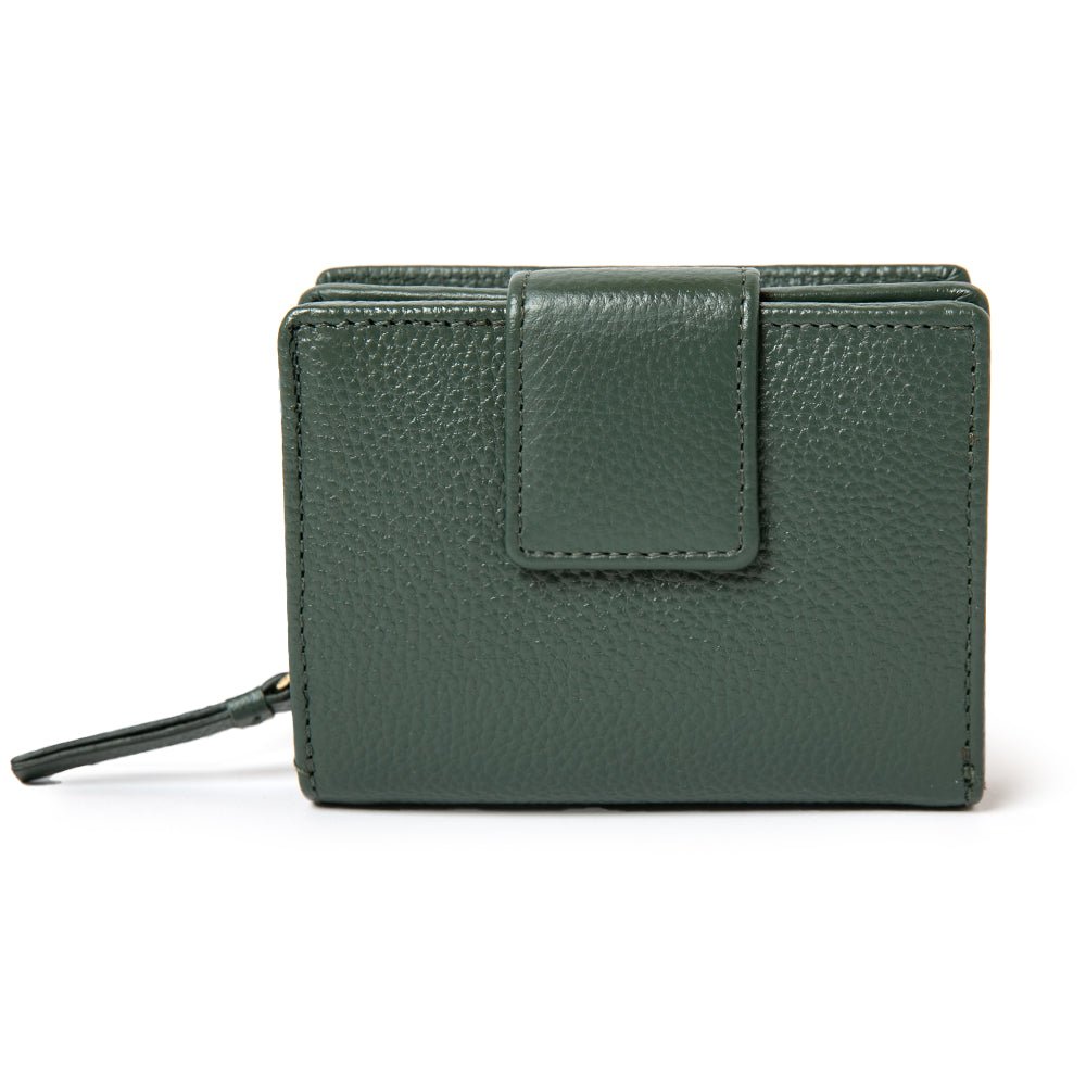 The Naples Leather Wallet in forest green with a zip up coin compartment and a card slot section fastened with a press stud 