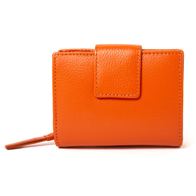 The Naples Leather purse in mandarin orange with a zip up coin compartment and a card slot section fastened with a press stud 