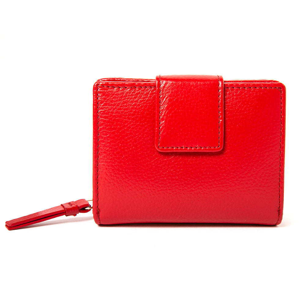 The Naples Leather Purse in poppy red with a zip up coin compartment and a card slot section fastened with a press stud 