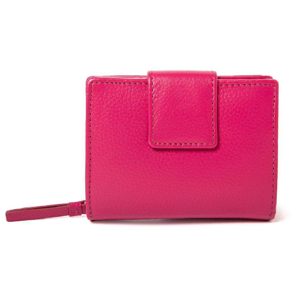 The Naples Leather Wallet in raspberry pink with a zip up coin compartment and a card slot section fastened with a press stud 