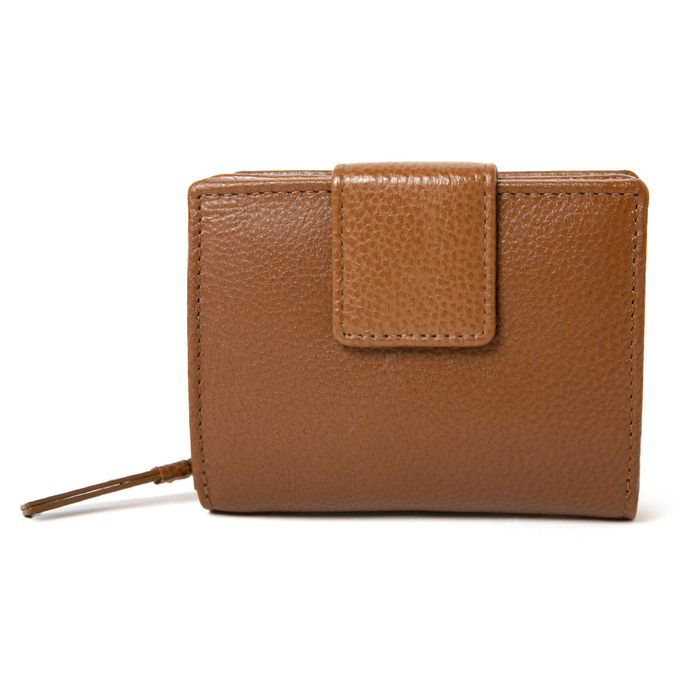 The Naples Leather purse in tan brown with a zip up coin compartment and a card slot section fastened with a press stud 