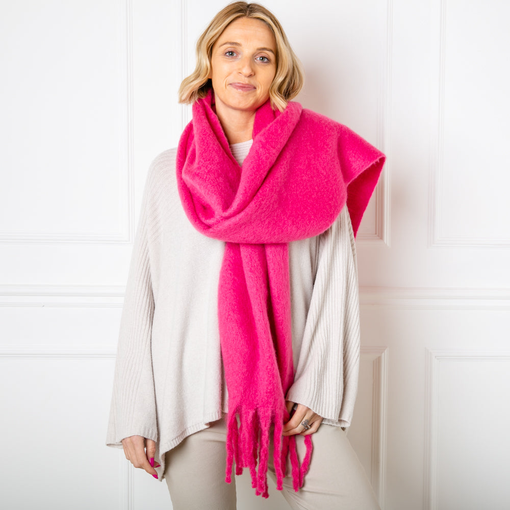 The Nelly Wool Blend Scarf in fuchsia pink super warm and perfect for a winter walk 