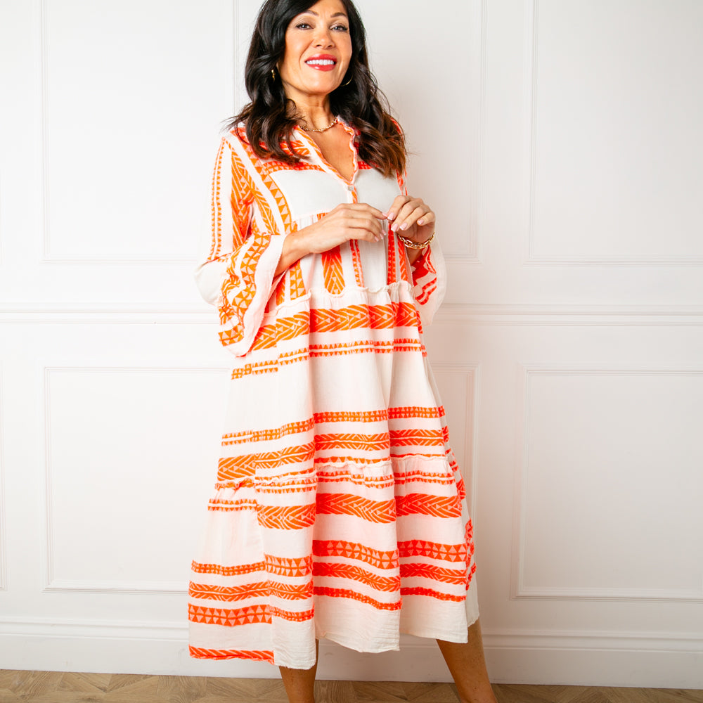 The Neon Orange Folk Dress made from 100% cotton for a structured look
