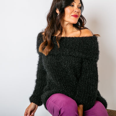 The Off Shoulder Jumper in black with a folded over bardot neckline