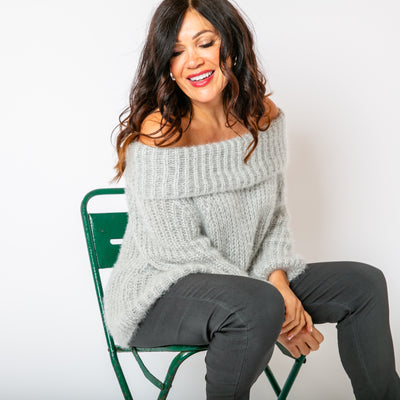 The Off Shoulder Jumper in grey with long sleeves