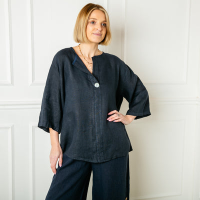 The navy blue One Button Linen Top made from a lightweight relaxed fit linen material, perfect for summer