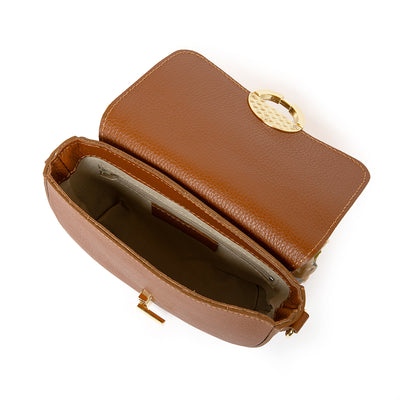 The tan brown Oslo Leather Crossbody Handbag made from 100% Italian leather with a fabric inner lining