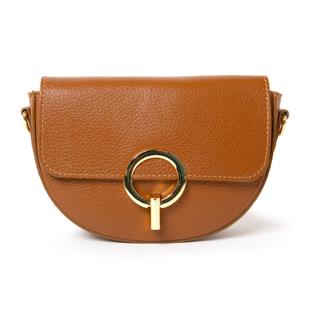 The tan brown Oslo Leather Crossbody Handbag with an O shaped gold metal clasp