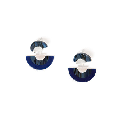The Otto Earrings in navy silver in a statement fan semi circle shape linked together