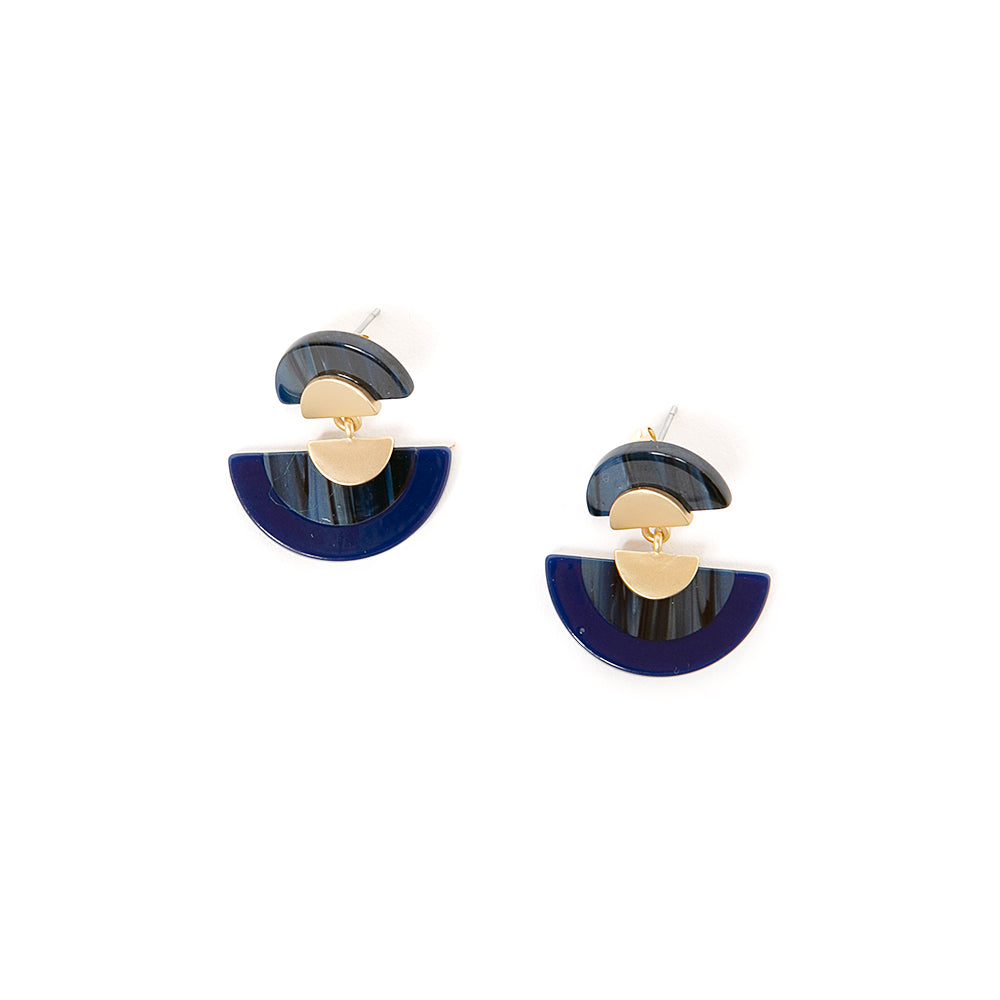 The Otto Earrings in navy gold in a statement fan semi circle shape linked together