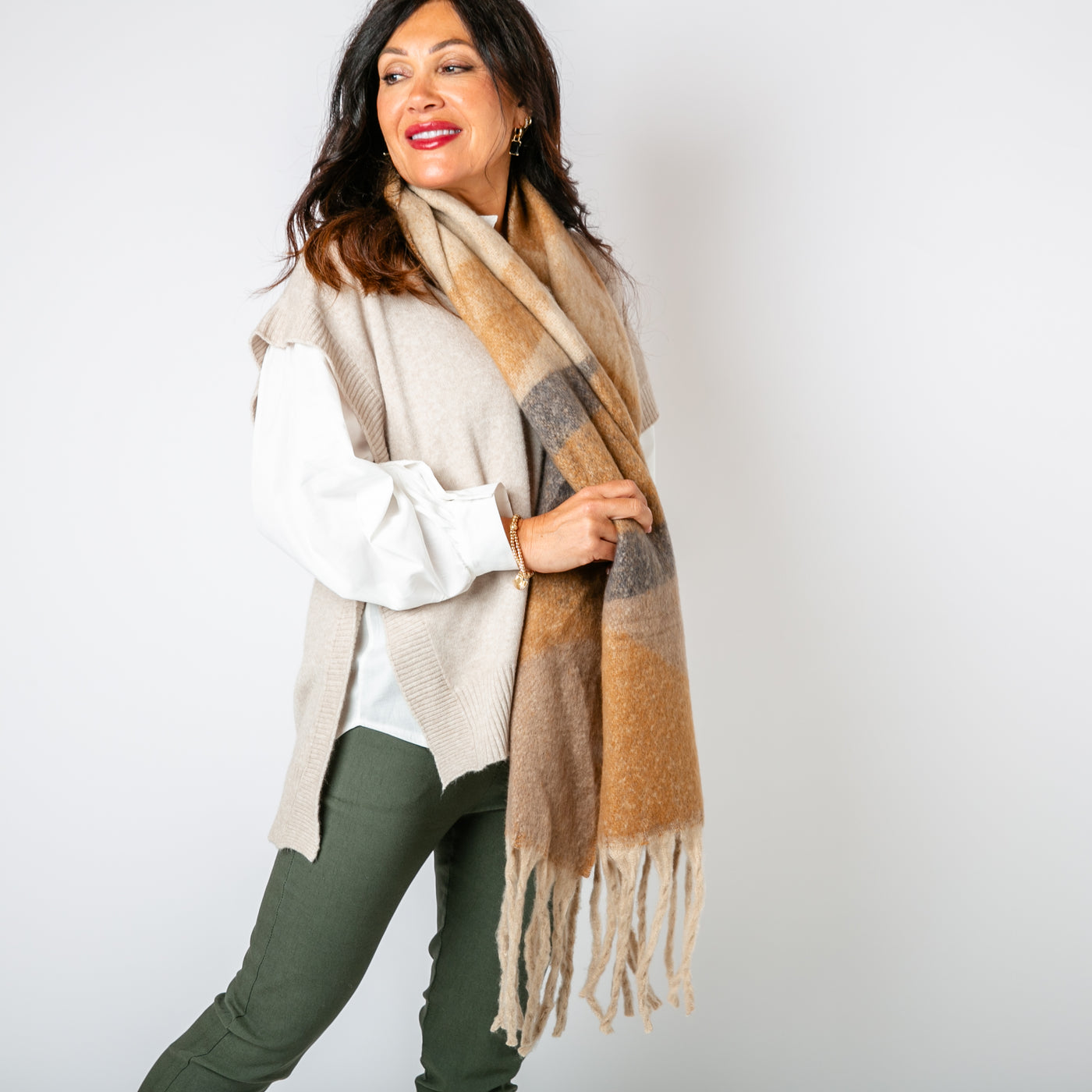 The Ozzy Multicolour Scarf in Biscuit with hints of brown, cream and grey