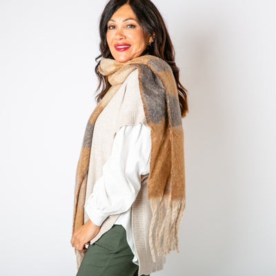 The Ozzy Multicolour Scarf in Biscuit brown made from a super soft chunky knit with tassels at either end