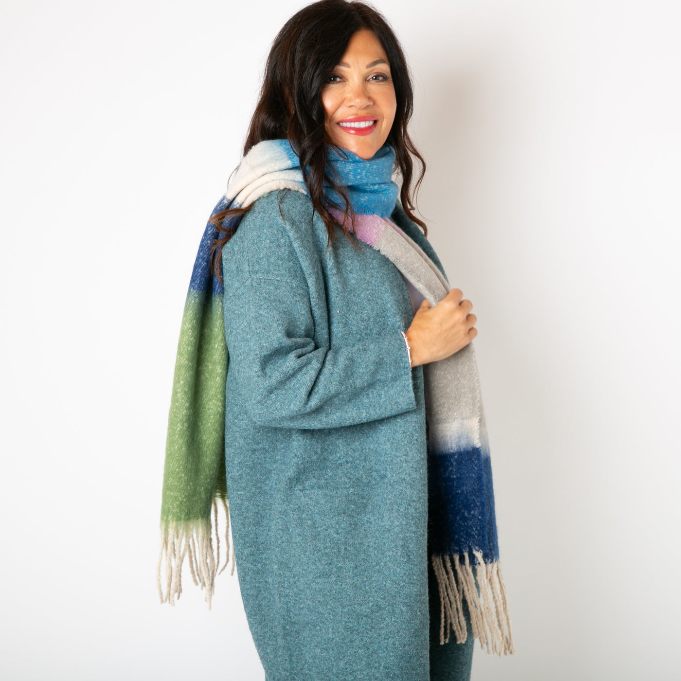 The Ozzy Multicolour Scarf in Blue Sea with hints of green, purple, cream and grey