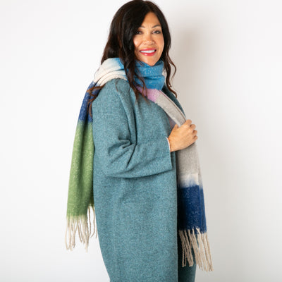 The Ozzy Multicolour Scarf in Blue Sea with hints of green, purple, cream and grey