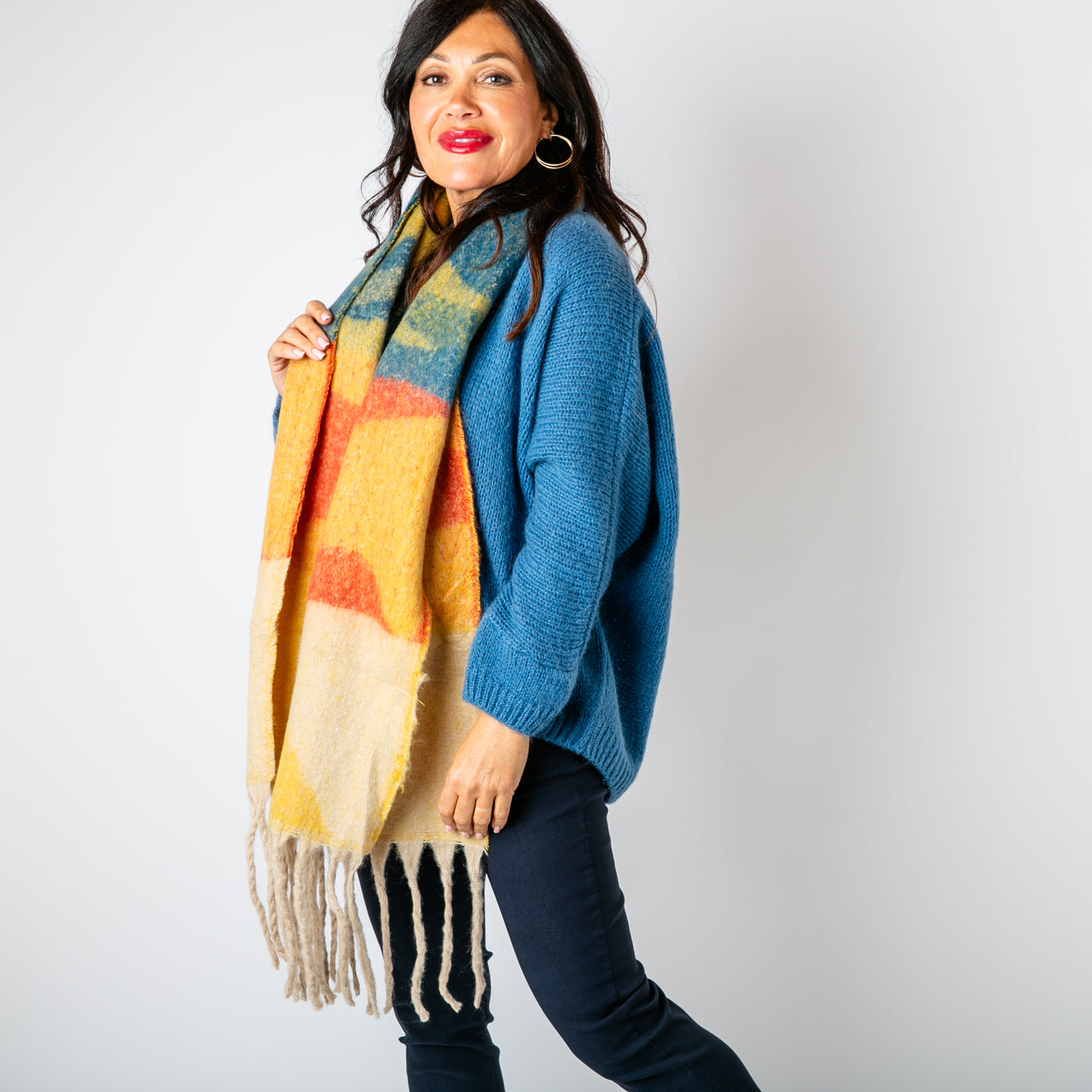 The Ozzy Multicolour Scarf in Burnt Pepper with hints of orange, yellow, blue and cream 