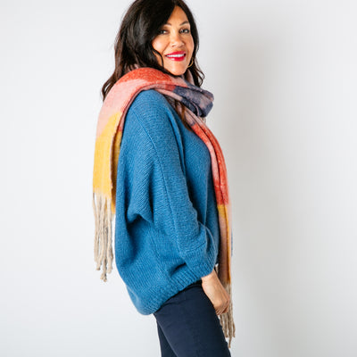 The Ozzy Multicolour Scarf in Cinnamon with hints of orange, pink, yellow and blue