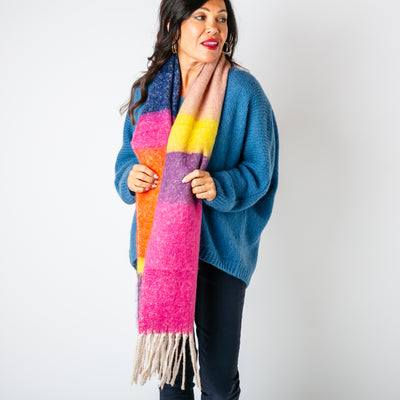 The Ozzy Multicolour Scarf in Rhubarb with hints of pink, orange, yellow and blue