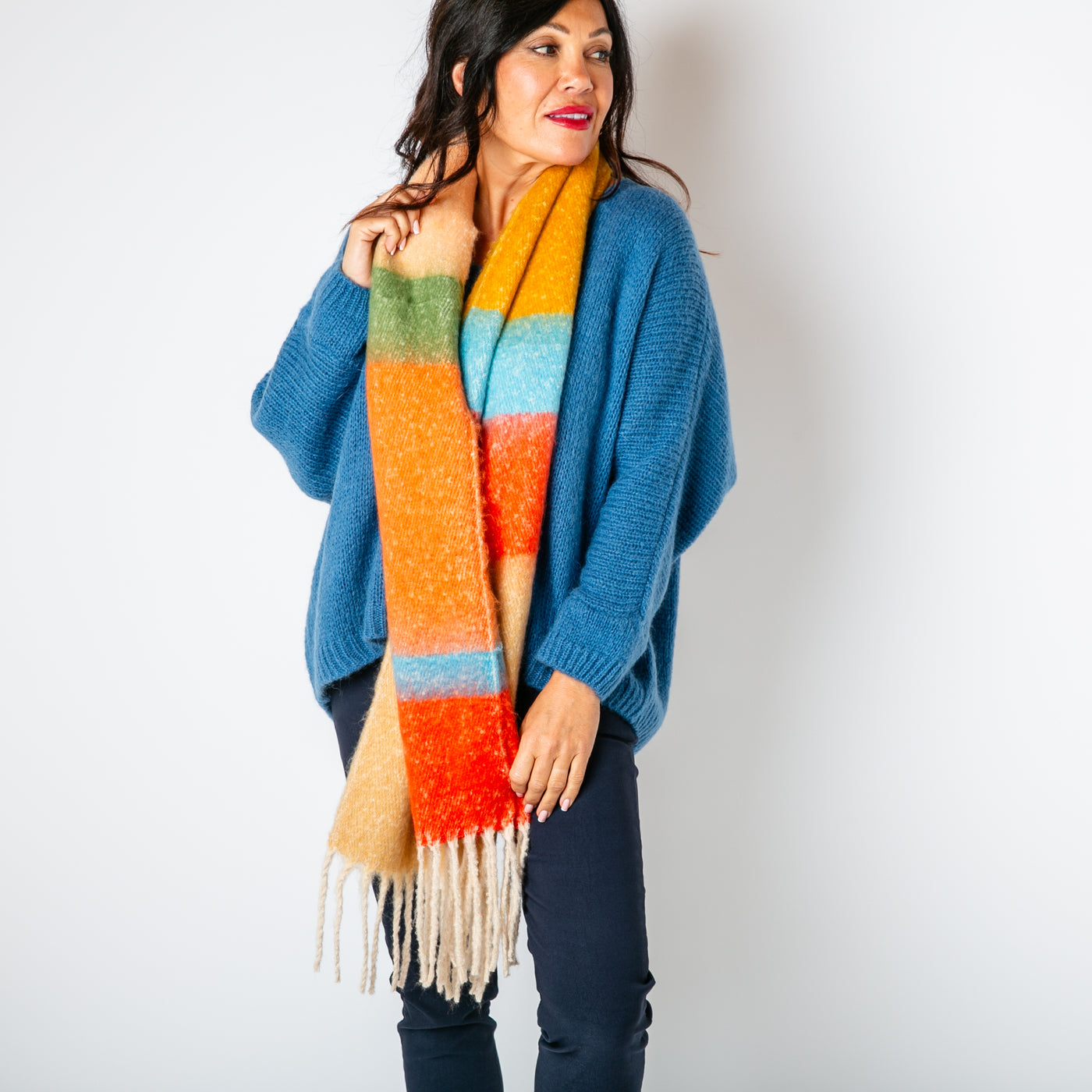 The Ozzy Multicolour Scarf in Russet Rose with hints of green, orange yellow and blue