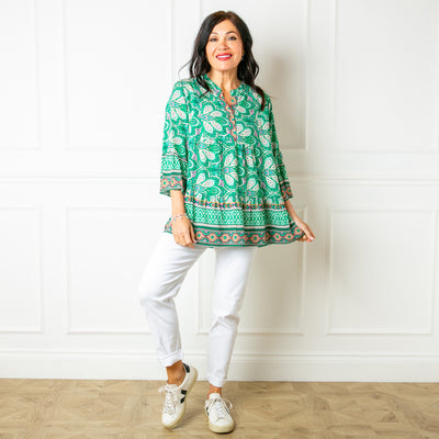 The green Paisley Blouse with a v neckline and button fastening down to the bust