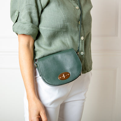The Paris Leather Handbag in forest green with a long, leather adjustable strap