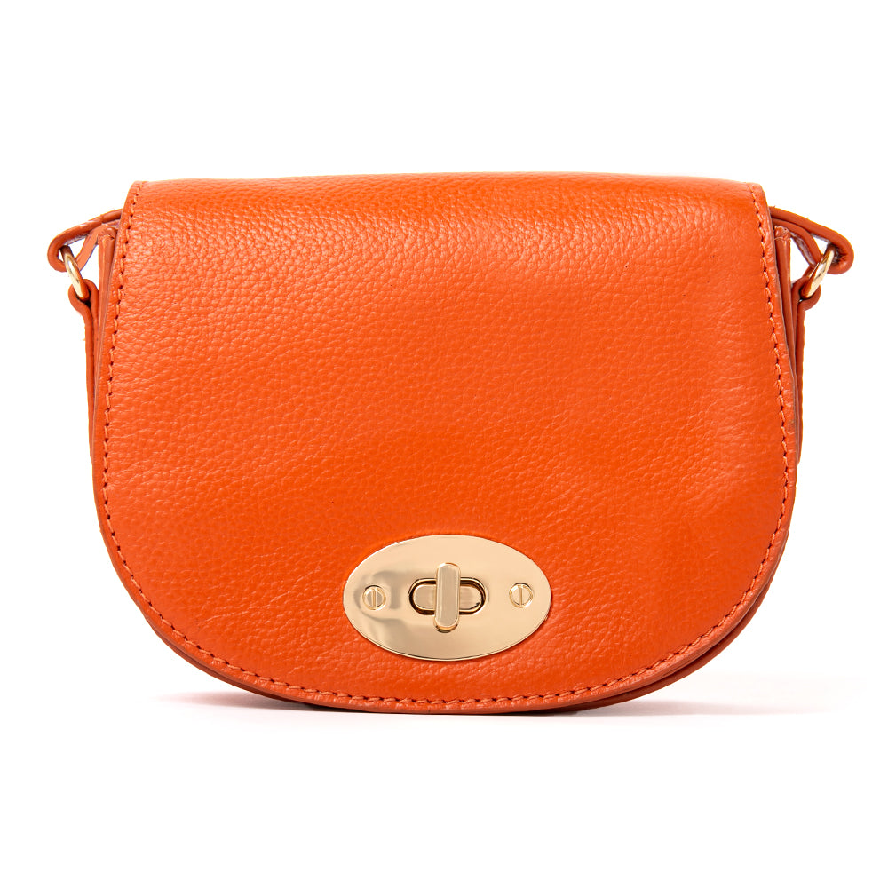 The Paris Leather Handbag in Mandarin Orange with gold hardware including a twisty metal clasp fastening