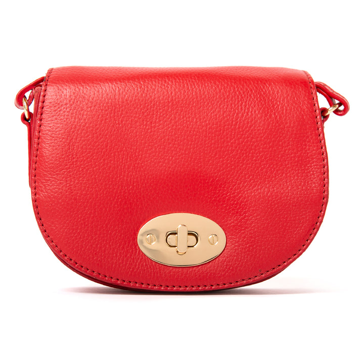 The Paris Leather Handbag in Poppy Red with gold hardware including a twisty metal clasp fastening