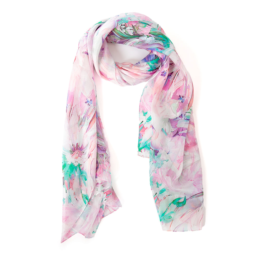 The Pastel Dahlia Silk scarf featuring a beautiful delicate floral pattern in pastel shades of pink blue and purple