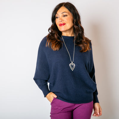 The navy blue Pearl Back Jumper with long sleeves with ribbed stretchy cuffs