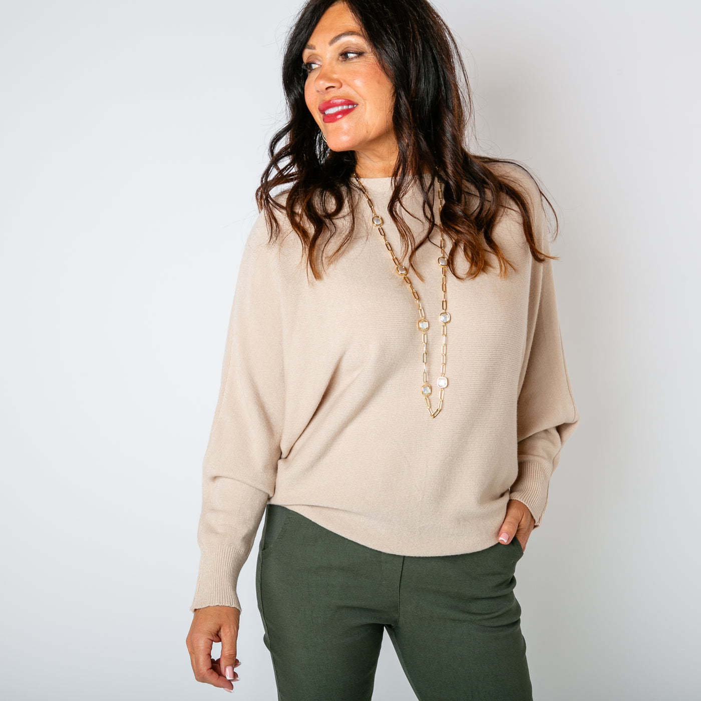 The oatmeal brown Pearl Back Jumper with long sleeves with ribbed stretchy cuffs